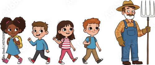 Children visiting farm, educational field trip, rural adventure, young learners exploring nature, kids walk with farmer, countryside outdoor experience