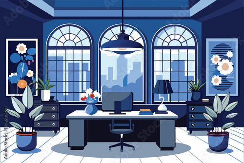 A spacious and elegant office interior featuring a desk, chair, and artistic decor. Large arched windows offer a cityscape view, providing a serene and inspiring work environment.