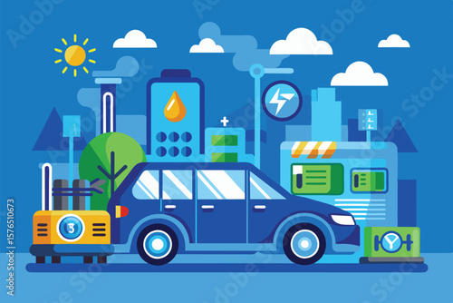 Vector illustration of an electric car charging at a modern station in a smart city. Highlighting sustainable energy, eco friendly transportation, and innovative technologies for a green future.