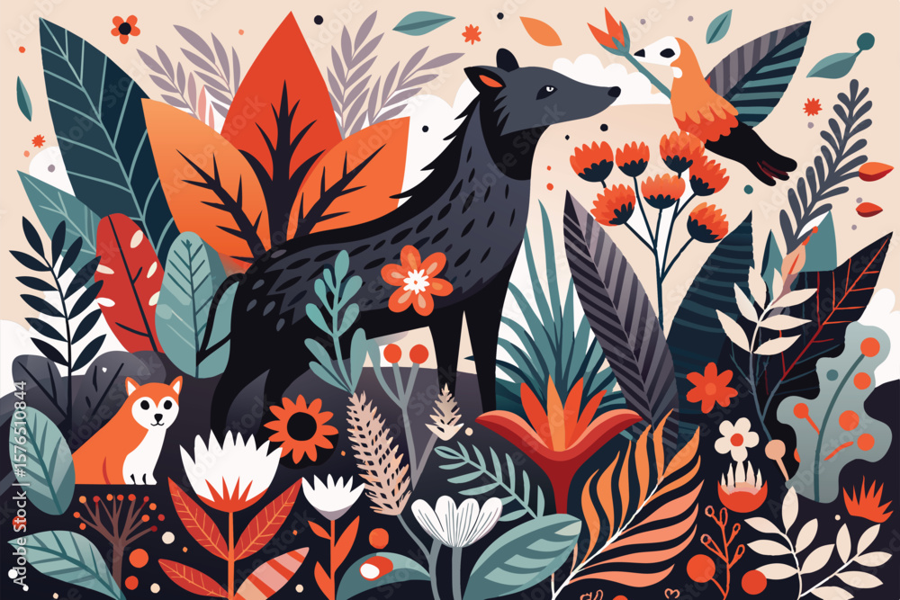 Obraz premium Vibrant illustration depicting a wolf and other animals in a whimsical forest setting. Lush foliage and bold colors create a dynamic and lively scene, capturing the essence of natures beauty.
