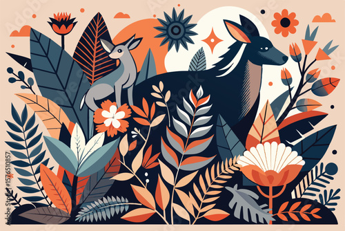 A striking geometric illustration featuring a stylized animal amidst lush botanical elements. The vibrant colors and artistic composition evoke a sense of creativity and harmony with nature.