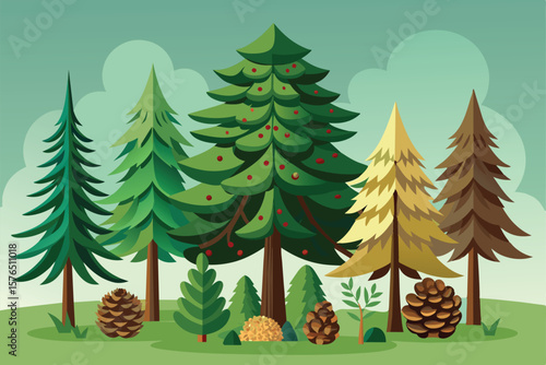 Illustrated evergreen trees and pine cones create a whimsical woodland scene. Vibrant colors and a playful style capture the essence of nature and forest diversity.