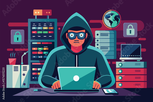 Illustration of a cyber hacker wearing a hoodie, working on a laptop in a secure server room. Represents cybersecurity, hacking, and information security concepts with futuristic digital elements.