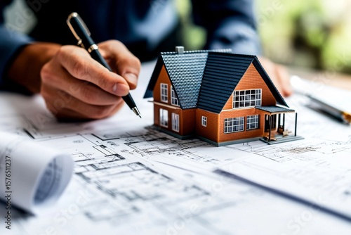 Designing a New House With Blueprints and a Miniature Model on a Work Desk