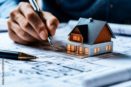 Designing a New House With Blueprints and a Miniature Model on a Work Desk