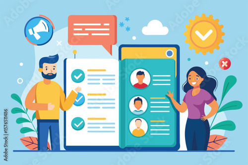 Illustration of a man and woman discussing team collaboration using digital tools, symbolizing effective teamwork and communication in a modern work environment with technology integration.