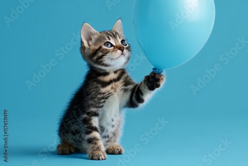 Cute Kitten Plays With Blue Balloon on Bright Background in a Fun Indoor Setting