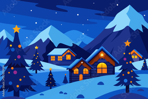 Christmas winter night landscape with snow-covered houses, festive trees, and a clear, starry sky
