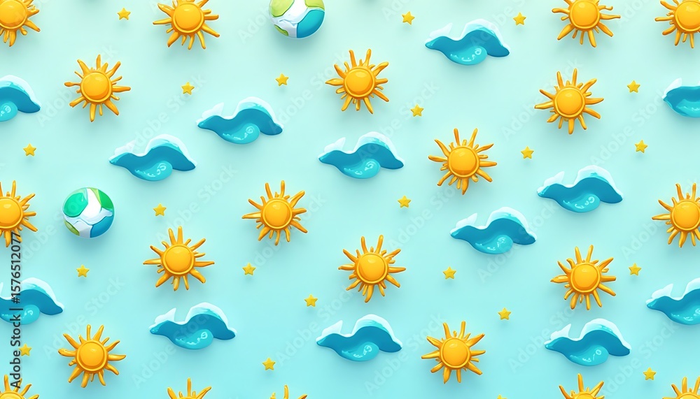 Obraz premium Cartoon Sun Cloud and Ball Seamless Pattern on Light Blue Background