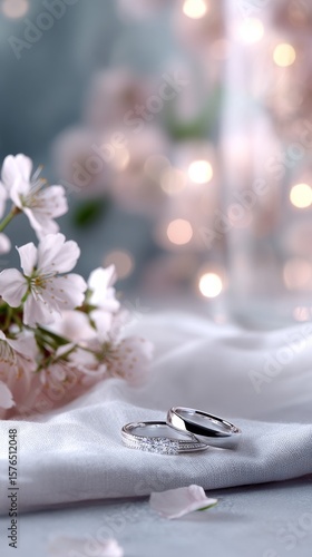 Beautiful Wedding Rings Placed on Soft Fabric With Delicate Flowers in a Roma...