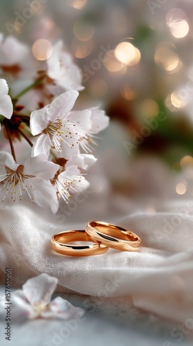 Beautiful Wedding Rings Placed on Soft Fabric With Delicate Flowers in a Roma...
