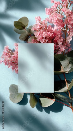 Delicate Pink Flowers and Green Leaves Arranged on a Subtle Blue Background f...