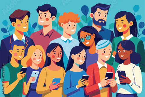 Illustration of a diverse group of individuals smiling while engaging with smartphones. Concept of social interaction, digital connectivity, and modern communication.