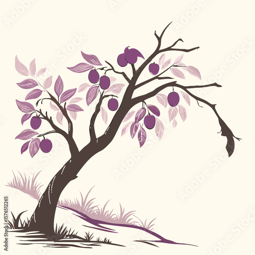 "Watercolor-style plum tree with soft shades, hand-painted texture, and purple plums"

