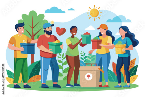 A diverse group of volunteers happily collecting donations in a sunny outdoor setting, symbolizing community service, teamwork, and generosity. The scene conveys a sense of positivity and cooperation.