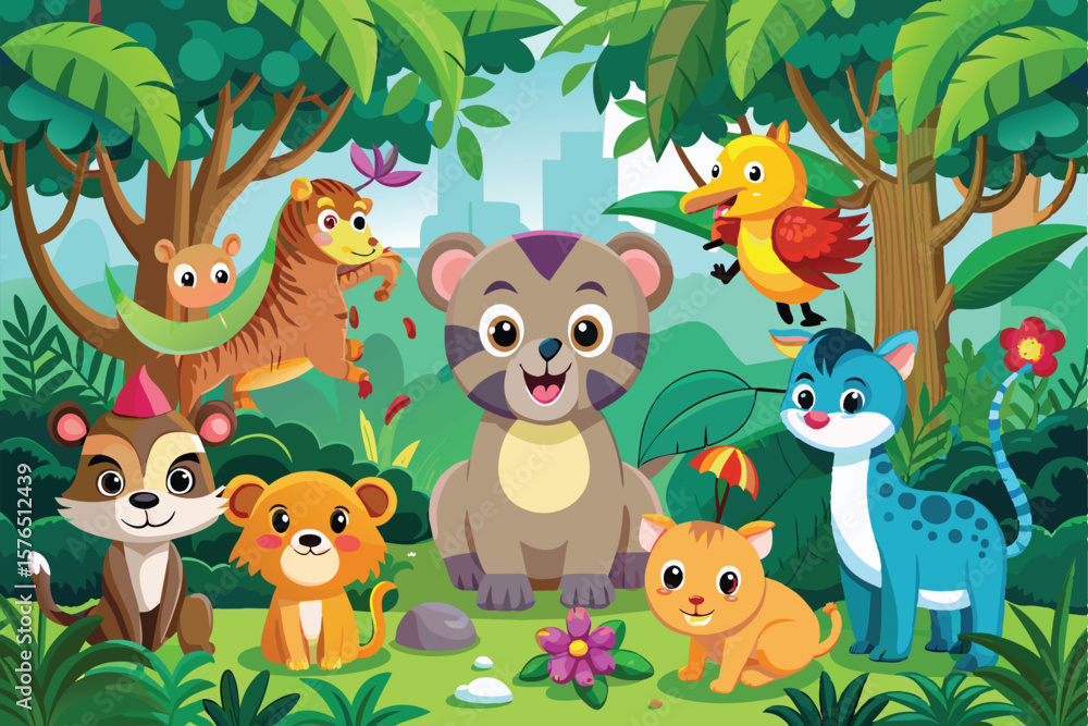 Naklejka premium A playful and colorful cartoon illustration featuring adorable jungle animals gathered in a lush forest setting, showcasing their vibrant personalities and cheerful expressions.