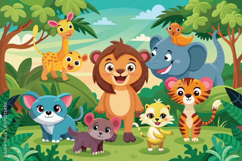 Fototapeta premium Adorable cartoon animals including a lion, giraffe, elephant, and tiger in a colorful jungle setting, exuding joy and togetherness. Perfect for childrens media and educational content.