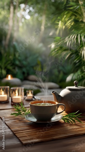 Tranquil Tea Moment in a Serene Outdoor Setting Surrounded by Lush Greenery