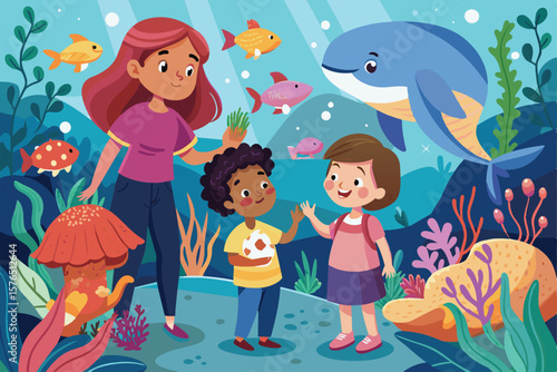 Illustration of two children joyfully exploring an animated underwater world, interacting with vibrant sea creatures in a magical ocean setting. Perfect for educational and playful content.