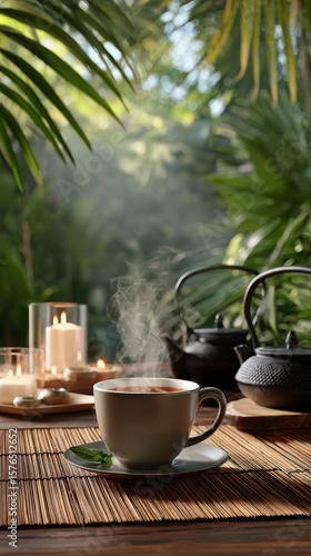 Relaxing Tea Time in a Serene Garden Setting With Candles and Calming Ambiance