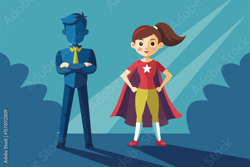 Colorful illustration of a young girl and boy posing confidently as superheroes with capes. Emphasizes empowerment, heroism, and youthful imagination. Perfect for themes of bravery and inspiration.