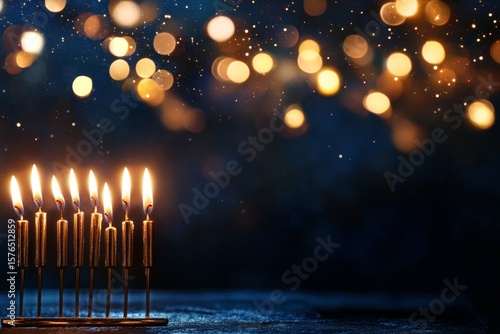 Eight Bright Candles Illuminate a Festive Menorah During a Joyful Celebration...