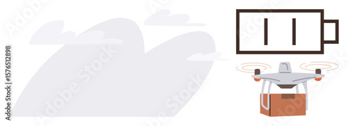 Delivery drone carrying box while showing low battery icon amidst light clouds. Ideal for logistics, technology, transportation, innovation, delivery service, efficiency, eco-friendly solution