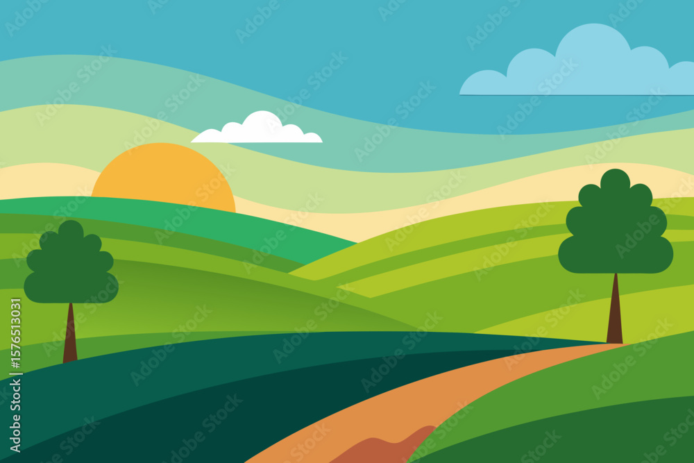 Obraz premium Green summer landscape with trees, hills, and mountains under a blue sky