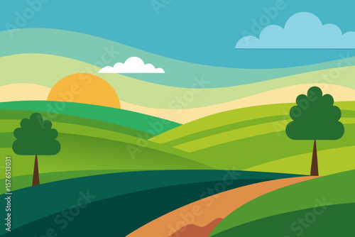 Green summer landscape with trees, hills, and mountains under a blue sky