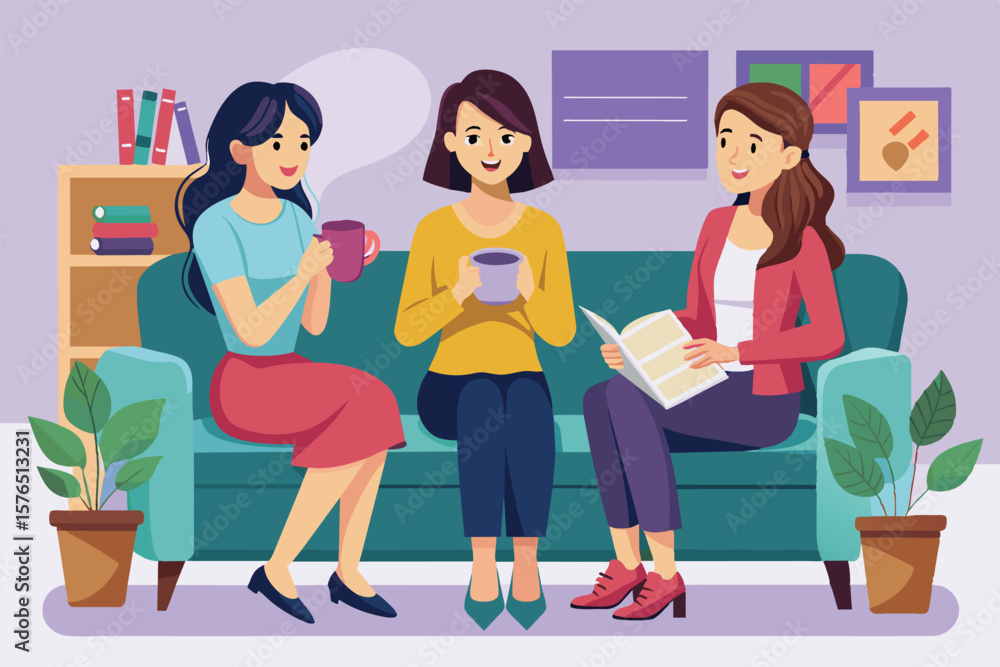 Obraz premium Illustration of three women sitting on a sofa, sipping coffee and chatting in a cozy room. The setting includes plants, books, and artwork, creating a warm and inviting atmosphere.
