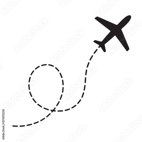 Airplane Icon with Dashed Flight Path – Travel, Tourism, or Aviation Journey Symbol for Itinerary and Air Transportation

