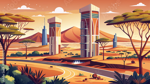 Gaborone, Botswana – Modern towers rise above dry plains and acacia trees. Wide roads, clean parks, and earthy tones define this calm yet contemporary southern African capital.