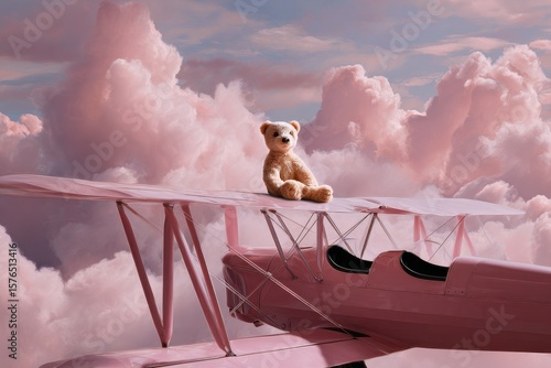 Plush Bear Sitting on a Pink Airplane Wing Against a Pastel Sky During Golden...