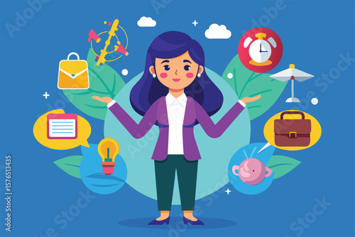 An illustration of a businesswoman juggling multiple tasks, including emails, time management, and creativity. This image represents productivity, multitasking, and organization in the workplace.