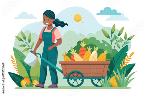Illustration of a cheerful woman in a garden, pushing a wheelbarrow filled with fresh produce under a sunny sky, symbolizing agriculture and health.