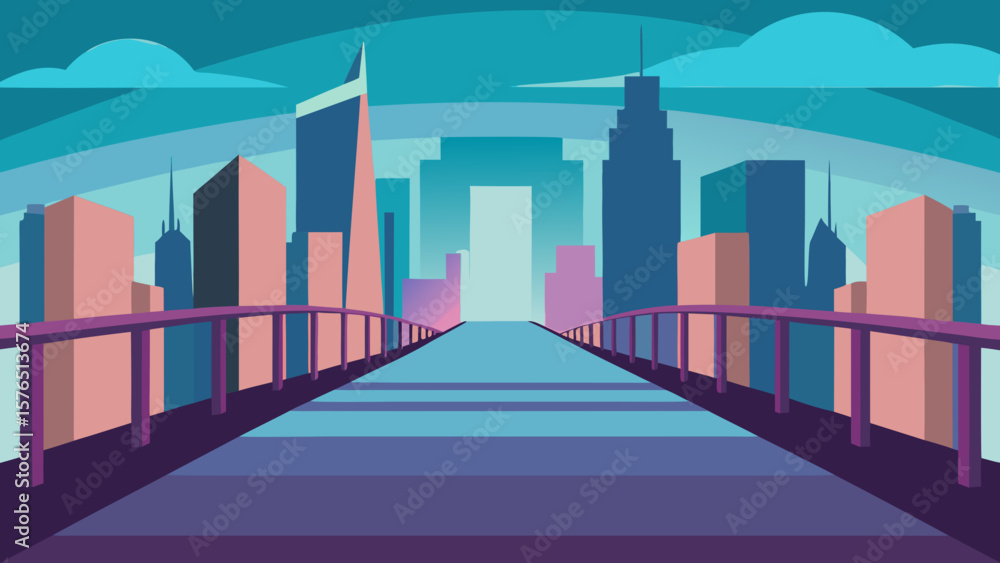 Fototapeta premium Vibrant city skyline at night with business buildings and urban architecture against a blue sky illustration