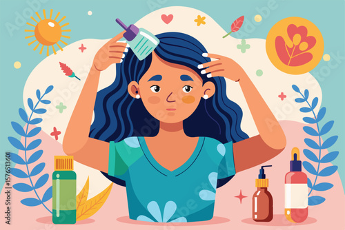 Colorful illustration of a woman using haircare products, surrounded by nature inspired elements, promoting self care and beauty routines.