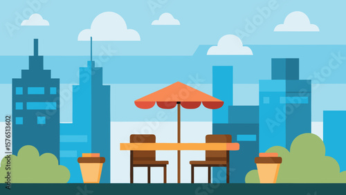 Luxury outdoor cafe with wooden tables and chairs on a summer street, perfect for coffee and dining