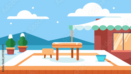 Tropical beachfront restaurant with chairs and tables offering a relaxing ocean view under a summer sky