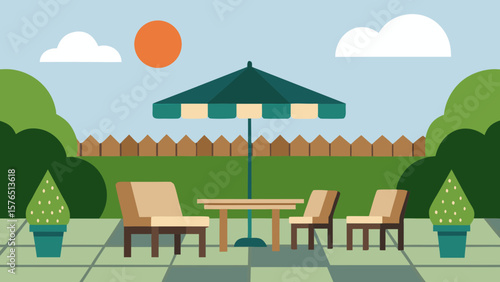 Vector illustration of a cozy wooden house in a summer nature landscape with chairs and a table on the porch