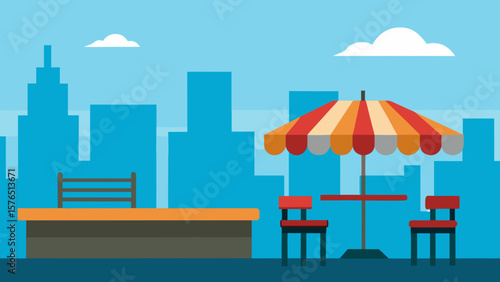 Beachfront cafe with blue parasols offering summer relaxation by the sea