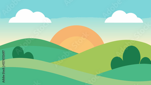 A picturesque mountain landscape under a vast blue sky with fluffy clouds, lush green fields, and trees