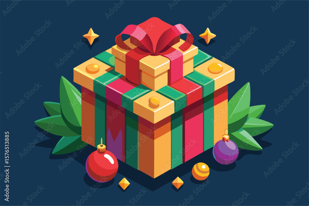 Fototapeta premium Illustration of a vibrant Christmas gift box wrapped with a red ribbon, surrounded by festive ornaments and green leaves, evoking holiday cheer and celebration.