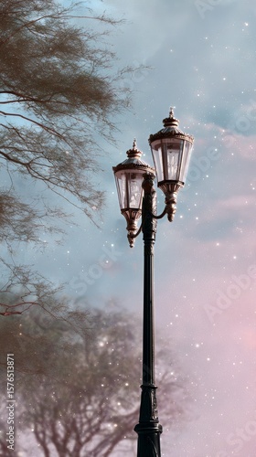 Snowy Evening in a Quiet Park With a Vintage Lamp Post Illuminating the Pathway