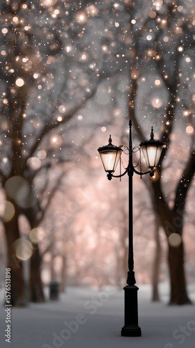 Snowy Evening Stroll With Glowing Street Lamps Illuminating a Quiet Park