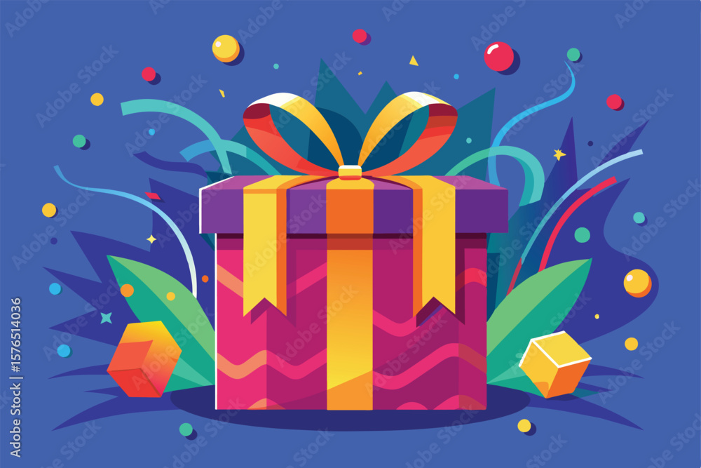 Naklejka premium Vibrant illustration of a wrapped gift box with a ribbon, surrounded by festive decorations. Perfect for celebrations, birthdays, and special occasions. Bright colors convey joy and excitement.