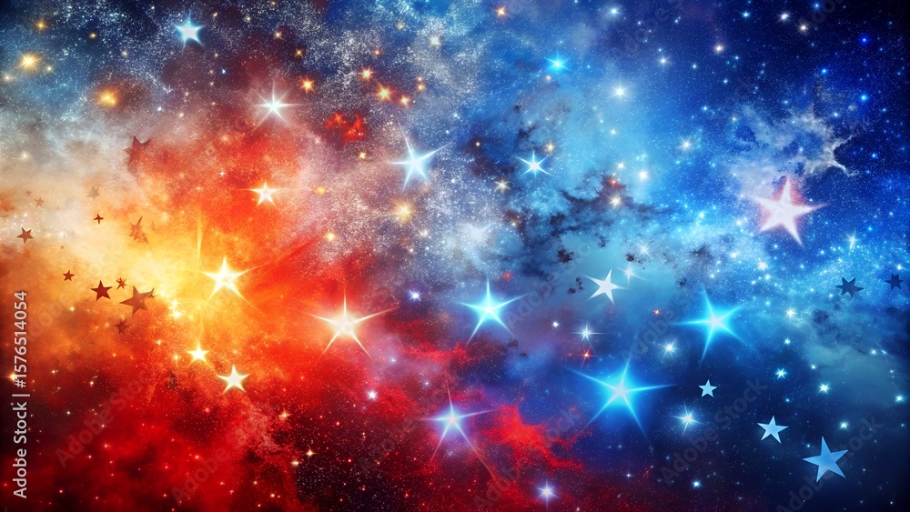 Naklejka premium Photo of a dazzling cosmic nebula bursts with vibrant red and blue hues, filled with countless twinkling stars and sparkling lights, creating a mesmerizing universe