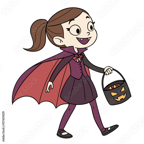 Happy Cartoon Girl Dressed as a Vampire for Halloween – Child Character Illustration with Candy Bag