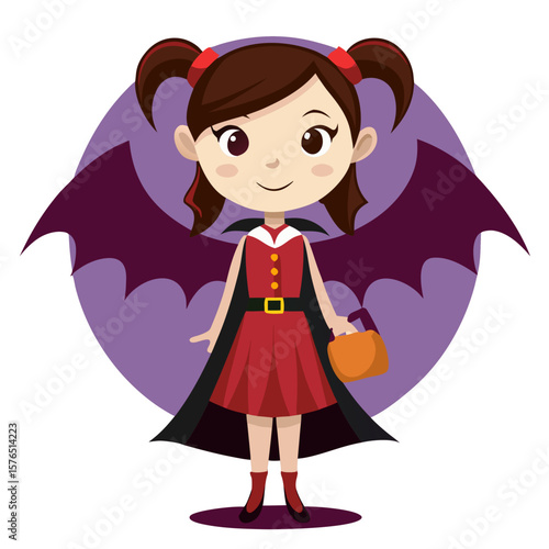 Happy Cartoon Girl Dressed as a Vampire for Halloween – Child Character Illustration with Candy Bag