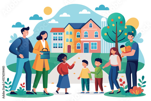 Illustration of families enjoying time outdoors in a vibrant community. Diverse members are depicted walking, talking, and playing. The scene reflects joy, togetherness, and a sense of neighborhood.